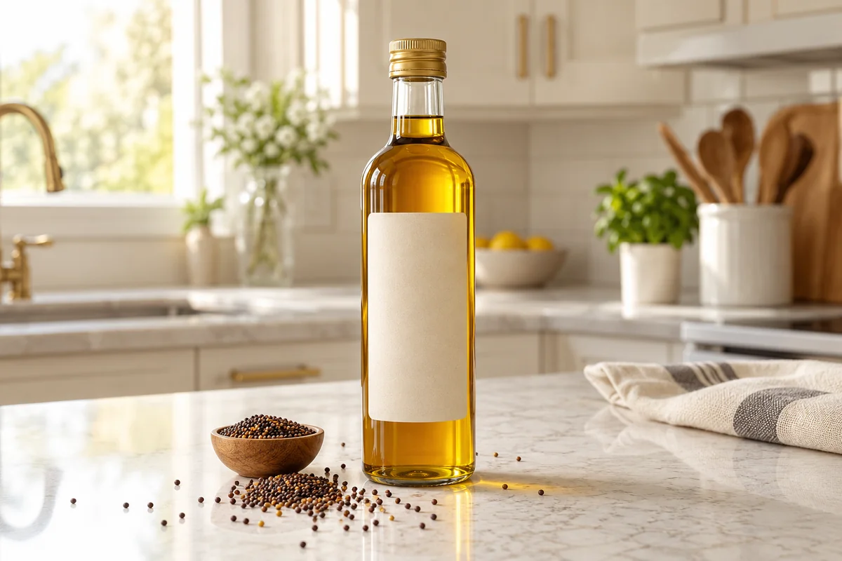 Mustard oil for knee pain seniors bottle labeled for external use only on kitchen counter