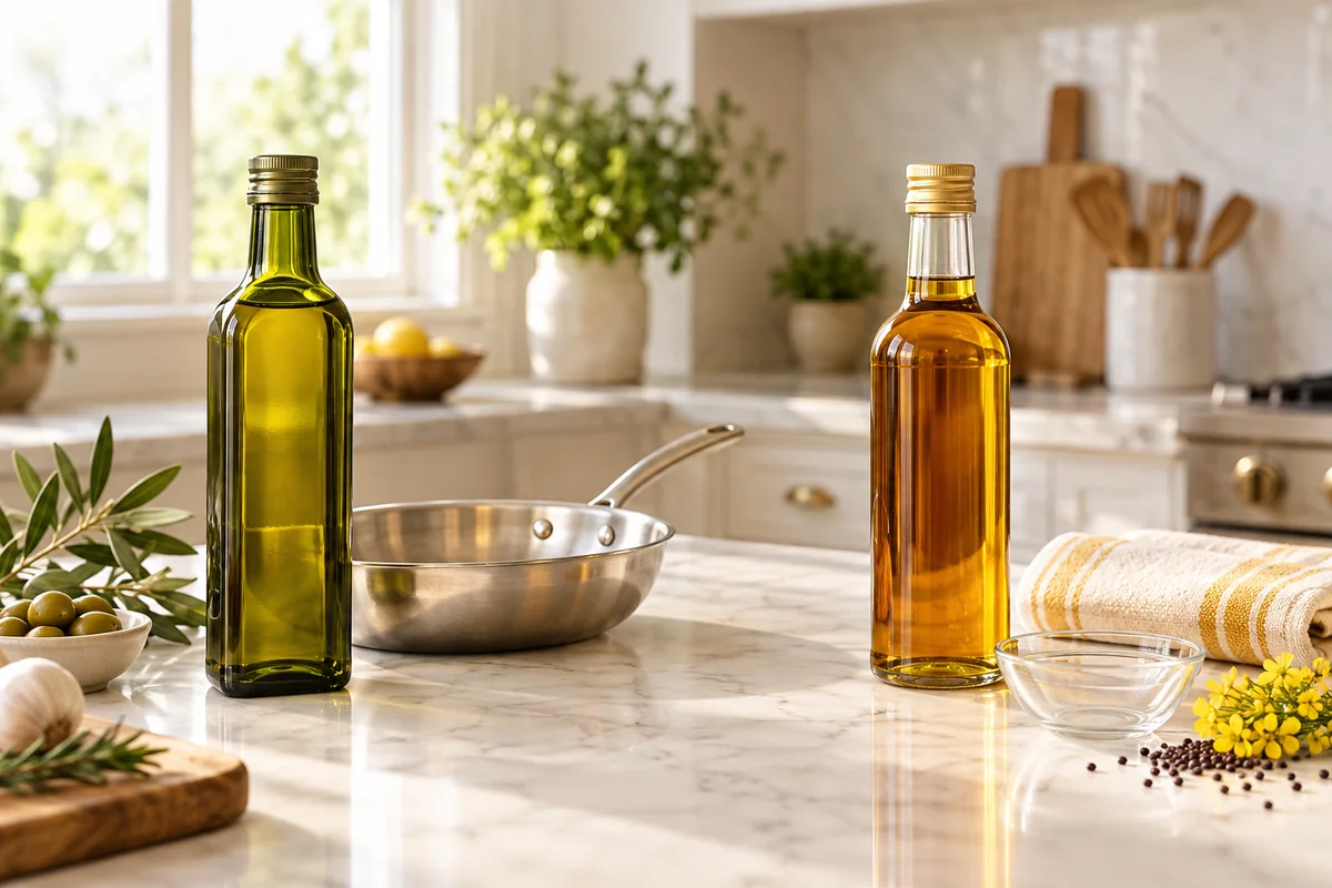 Olive oil for cooking next to mustard oil for topical use for seniors with knee discomfort