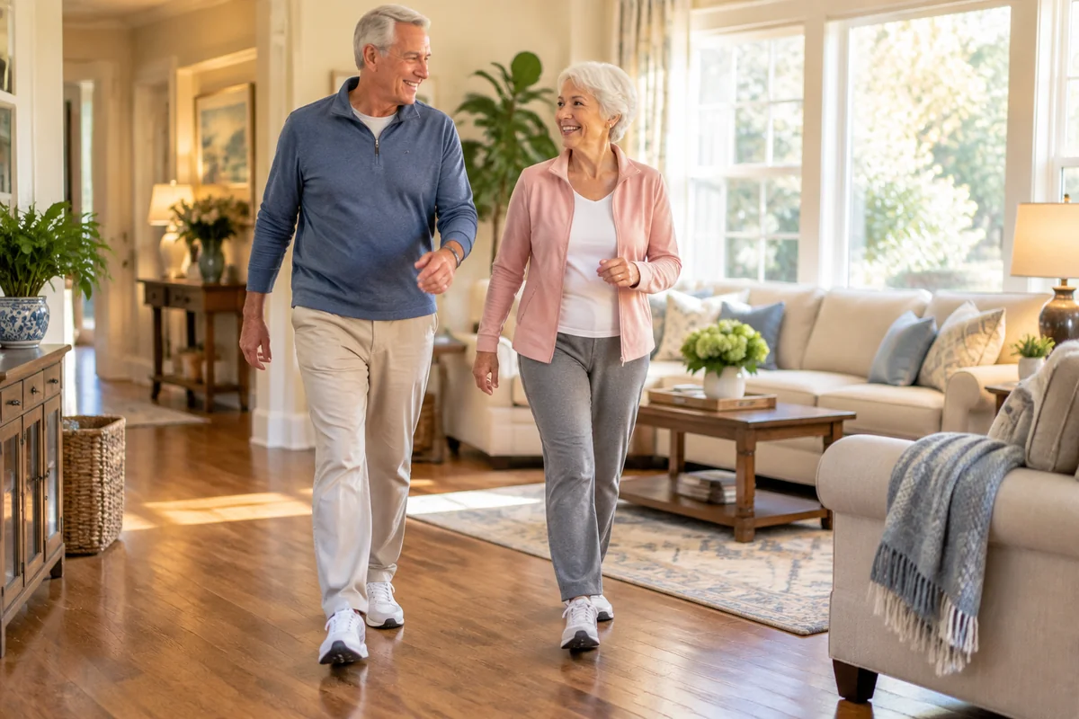 Older couple walking gently to support stiff knees after 60