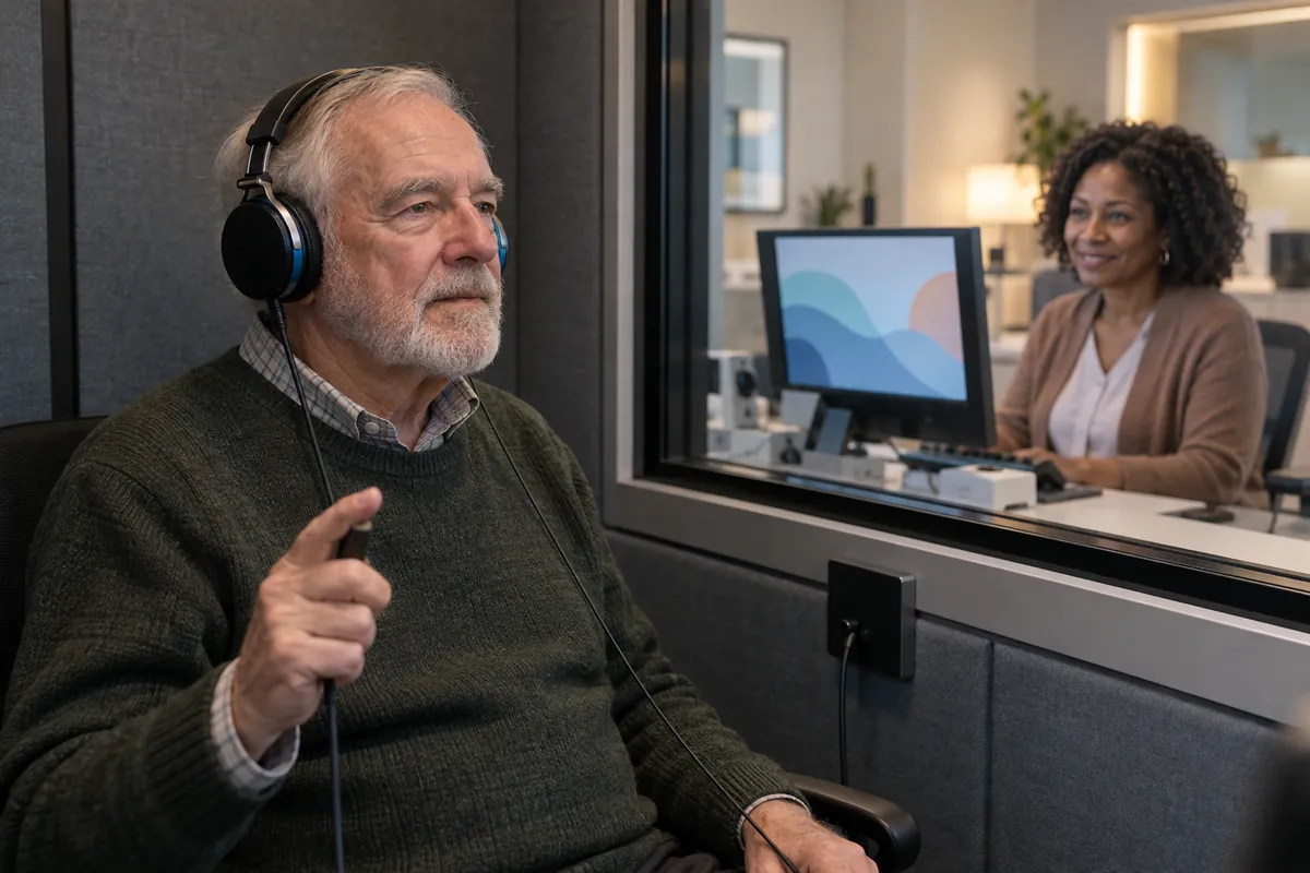 Older man wearing headphones during a hearing test while an audiologist watches the results