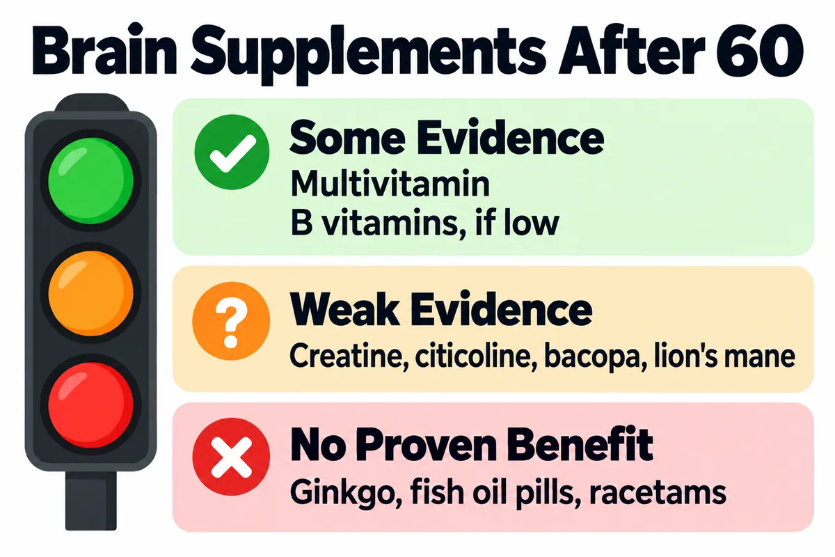 Traffic-light chart showing which nootropics work after 60: some evidence, weak evidence or no proven benefit