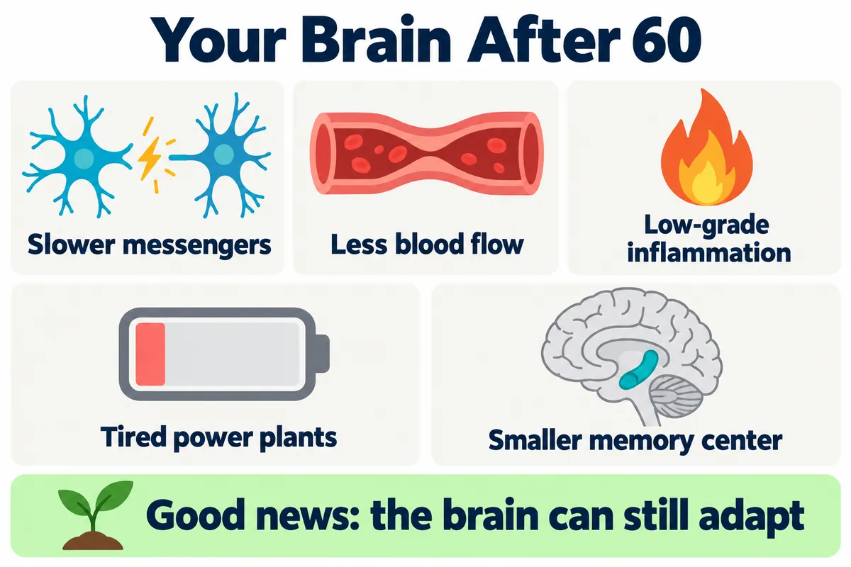 Infographic of five brain changes after 60, from slower messengers to a smaller memory center, and that the brain can adapt