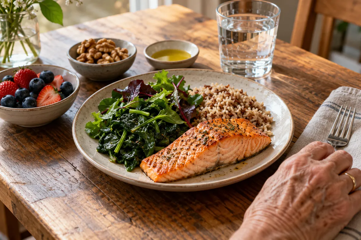 MIND-style dinner plate with baked salmon, leafy greens and whole grains, with berries and walnuts on the side