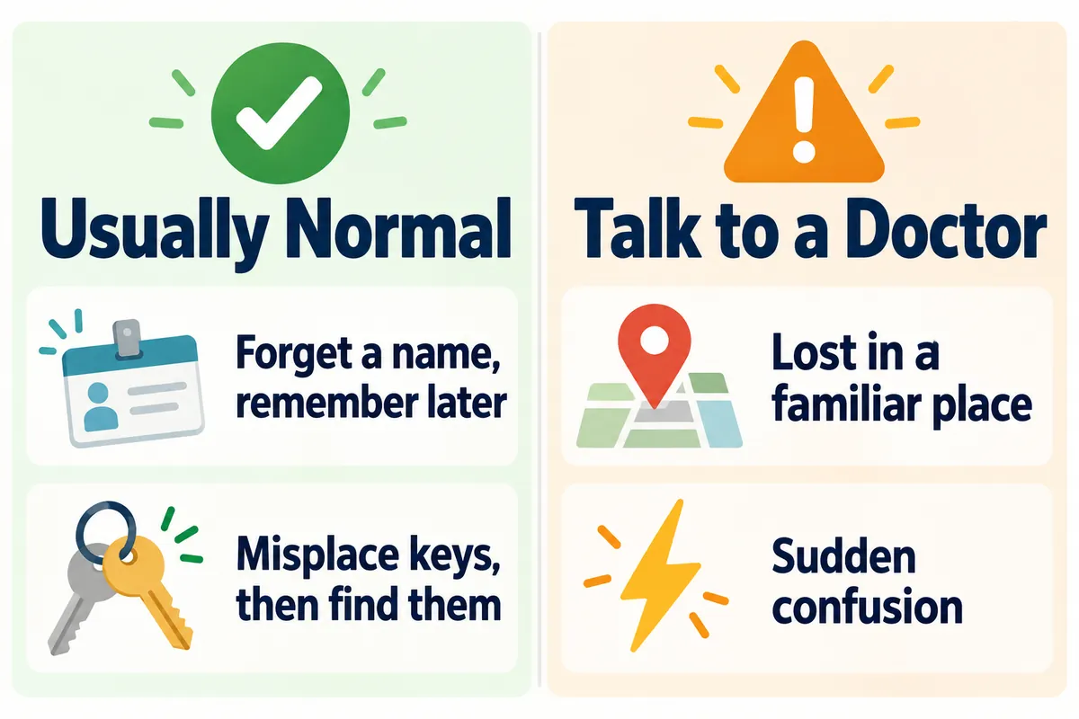 Two-column chart comparing normal forgetfulness with memory warning signs that need a doctor's visit
