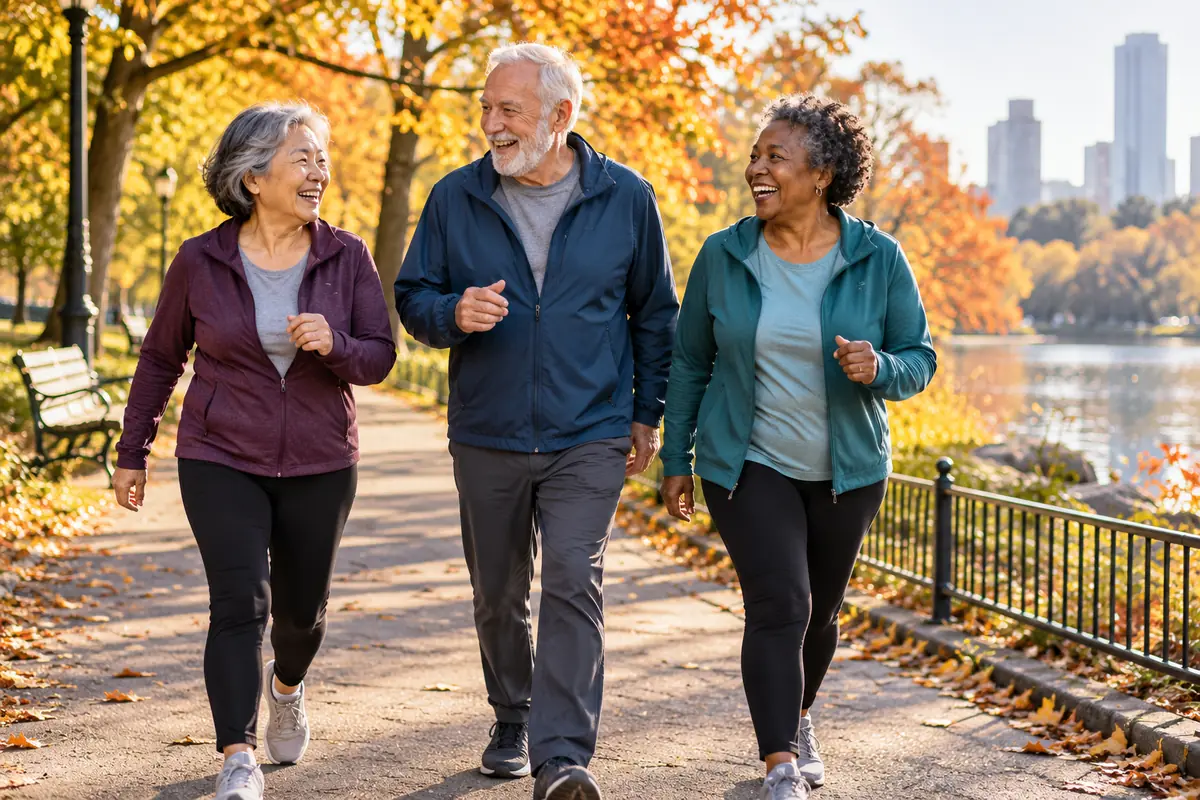 Three older friends walking briskly together on a park path on a fall morning