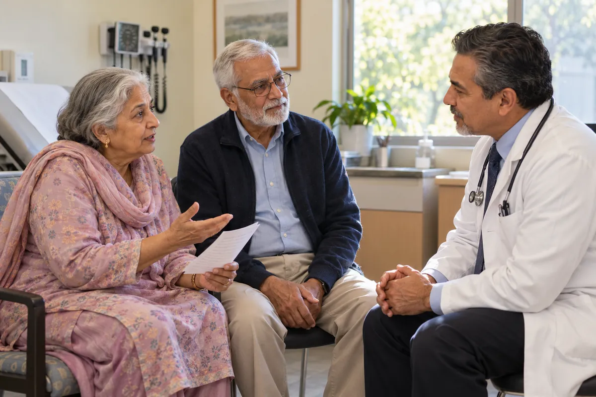 Older couple talking with their doctor about memory and brain health during a checkup