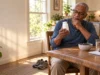Older man with reading glasses checking the label on a supplement bottle at his kitchen table
