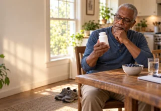 Older man with reading glasses checking the label on a supplement bottle at his kitchen table