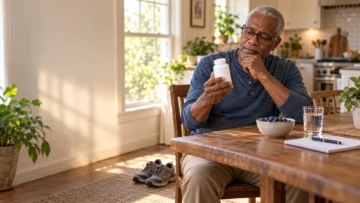 Older man with reading glasses checking the label on a supplement bottle at his kitchen table