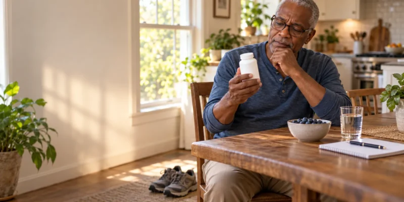Older man with reading glasses checking the label on a supplement bottle at his kitchen table