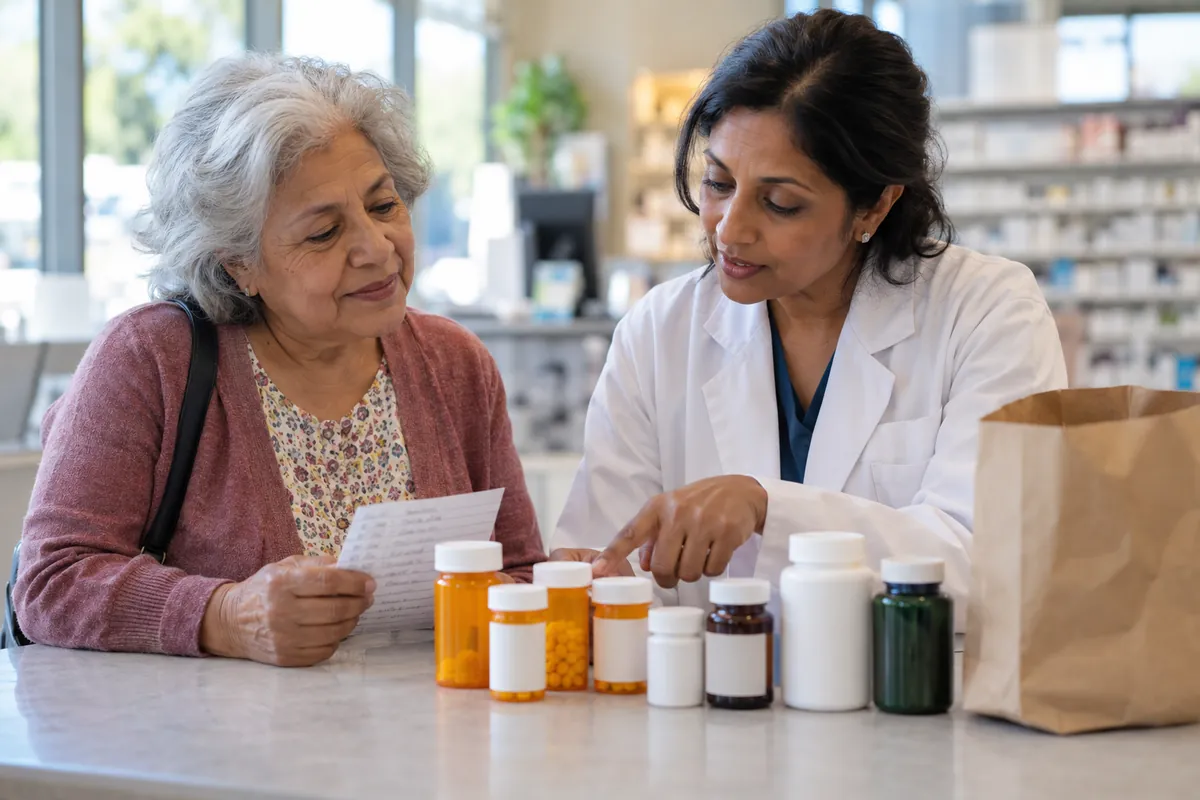 Pharmacist reviewing an older woman's prescription bottles and supplements during a brown bag medication review