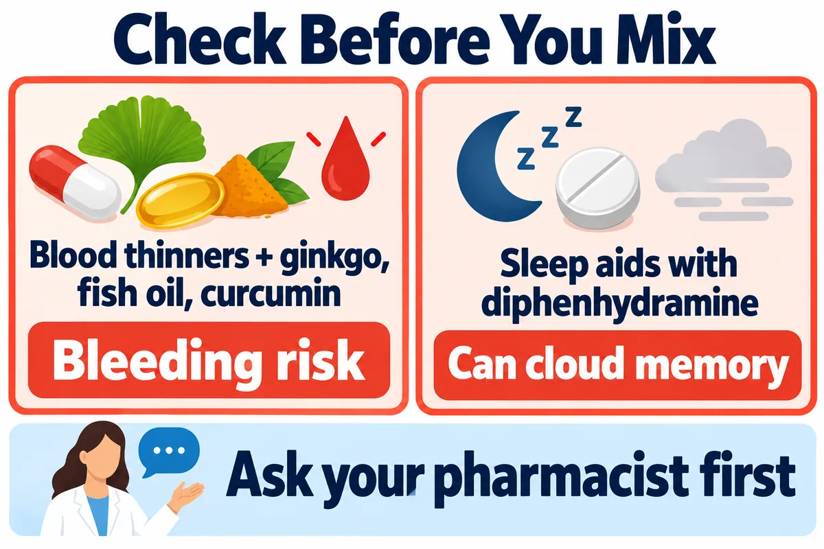 Warning graphic: blood thinners plus ginkgo, fish oil or curcumin raise bleeding risk; diphenhydramine can cloud memory